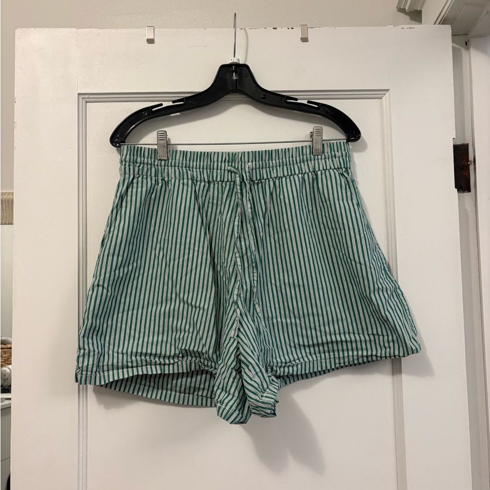H&M Green and White Striped Drawstring Athletic Shorts